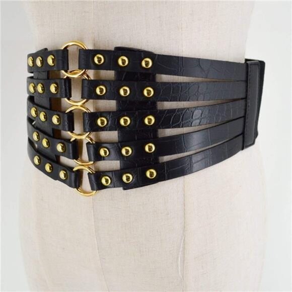 🖤 Hollow-Out PU Leather Waist Belt | Rivet Decor Stretch Belt - Picture 5 of 6